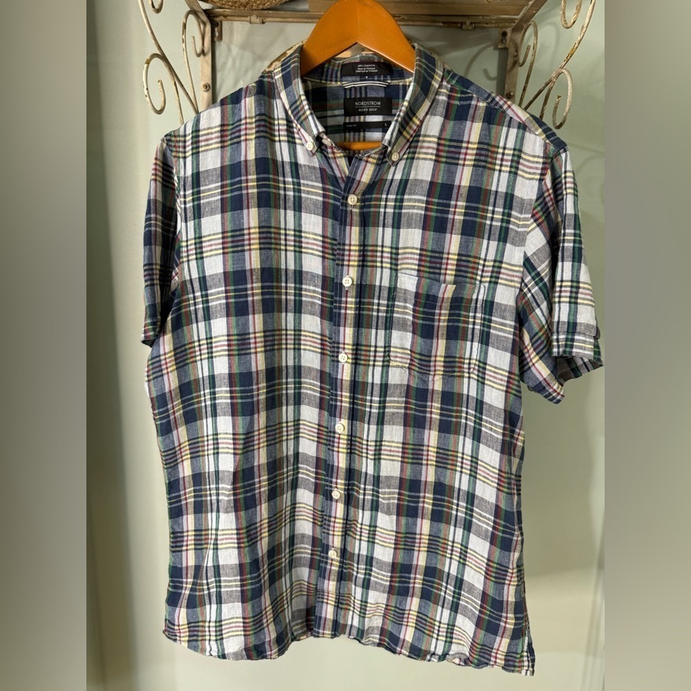 Nordstrom Men’s Shop 100% Linen Tartan Plain Button Up Short, Large
